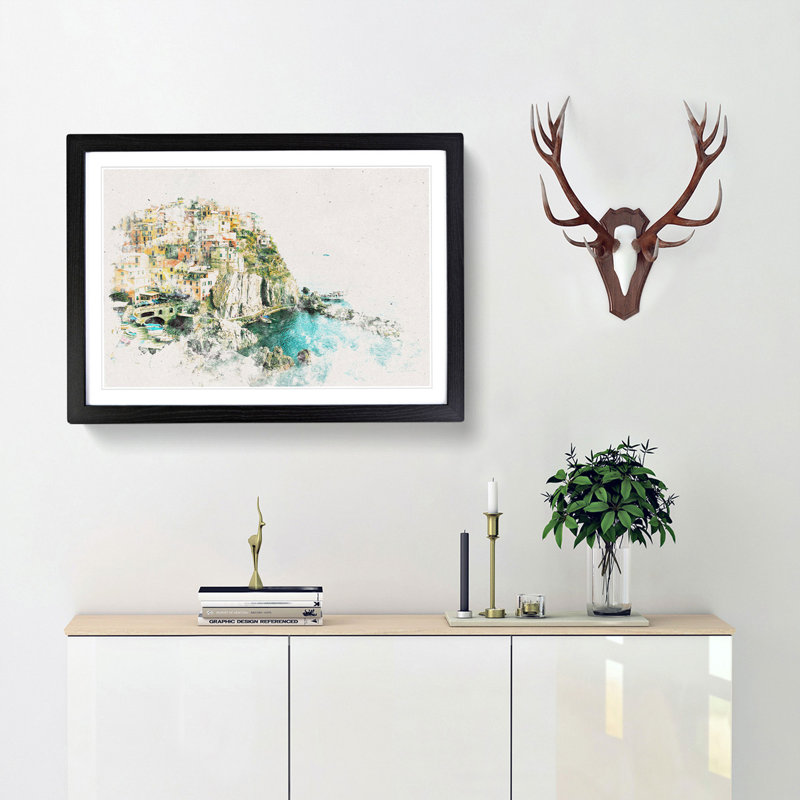 Manarola in Italy Watercolour - Picture Frame Graphic Art Print, Black Framed, 24cm H x 33cm W x 2cm D