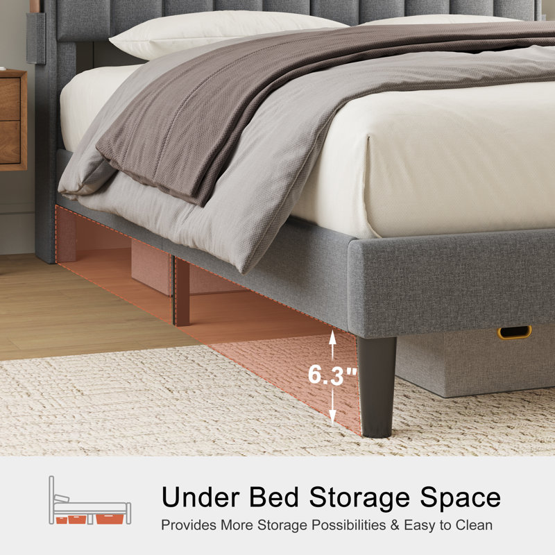 Neavins Bed Frame with Storage Headboard & LED Light, Upholstered Bed Frame with Charging Station, Full