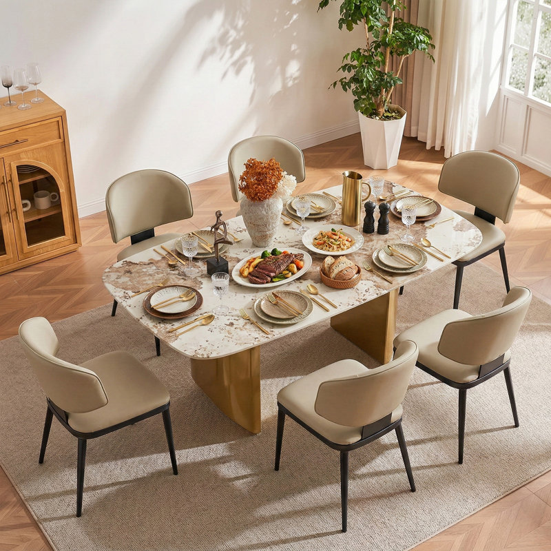 Hugette 63'' Modern Dining Table for 4-6 People, Rectangular Kitchen Table with Sintered Stone Tabletop and Stainless Steel Legs, Luxury Dining Room Table for Living Room Home, Gold(Table Only)