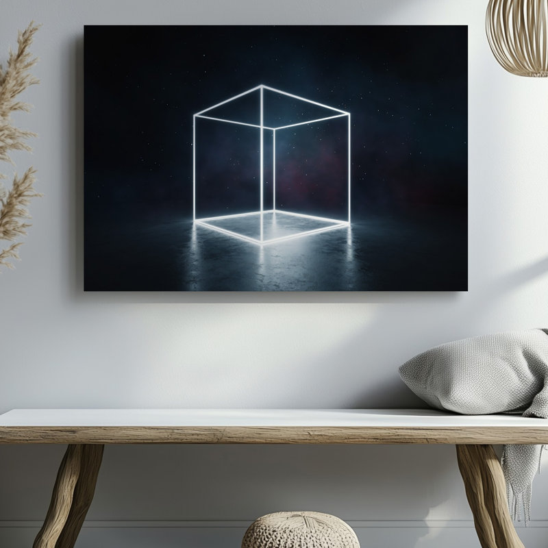 Toile, une scène minimaliste saisissante avec un cube lumineux dans le centre d'art mural représentant une structure sacrée entourée d'une toile