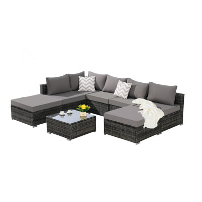 8 Pieces Outdoor Patio Sectional Sofa Couch,Wicker Furniture Conversation Sets With Washable Cushions & Glass Coffee Table For Garden, Poolside, Backyard