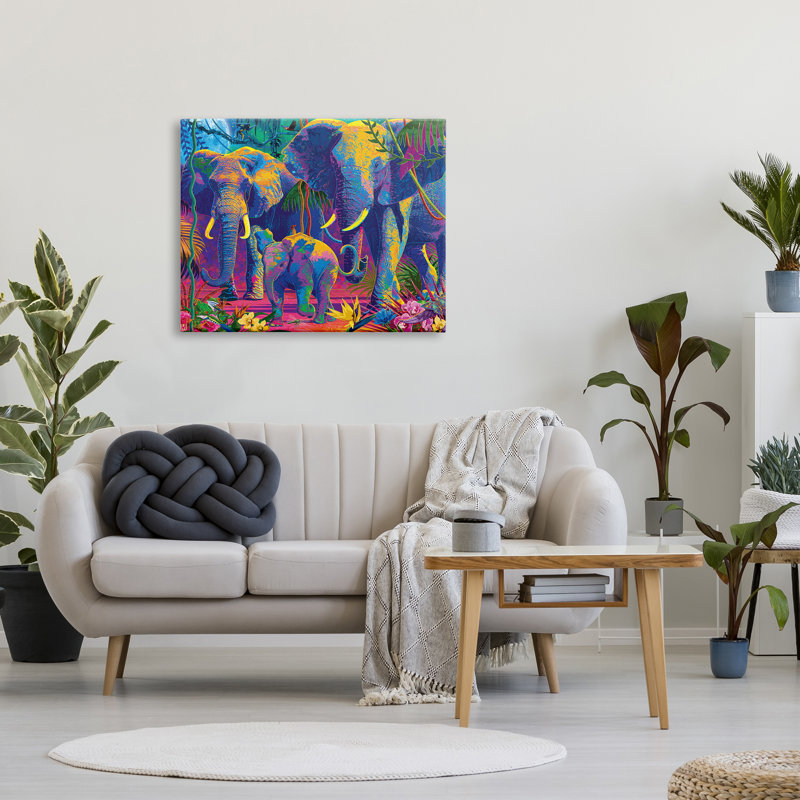 Éléphants dans des tons vifs sur toile par Michael Ward, H 30 po x l 40 po x P 1,5 po