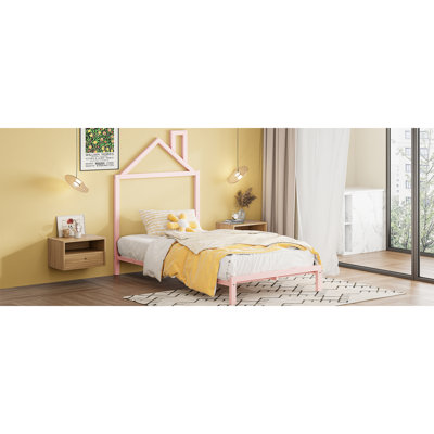 Pink Twin Size Metal Platform Bed With Unique House-shaped Headboard Design - Add A Pop Of Color To Your Bedroom -  Rosefray, six-main-705779