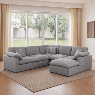 Chenille Upholstered U-Shaped Sectional, Oversized Corner Modular Sectional Sofa with Ottoman, Light Gray