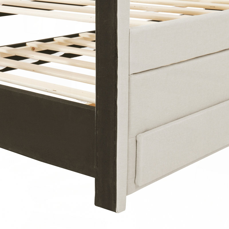 Charmant lit plateforme tapissier avec lit gigogne et rangement, parfait pour économiser de l'espace et dormir confortablement