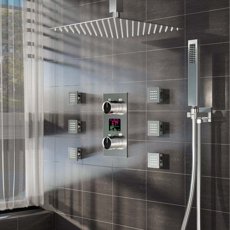 Système de douche à pression équilibrée avec douchette à main 12 po avec douchette à main DigitalDisplay, Nickel brossé