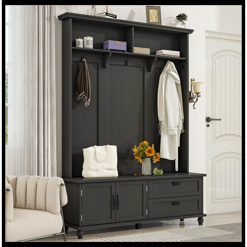 Lavance Hall Tree with Bench and Shoe Storage, Black