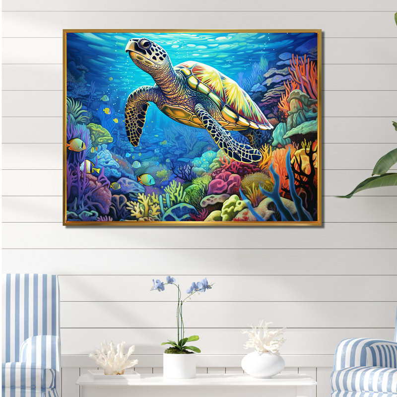 «Blue Sea Turtle World» - art mural corail sous l'eau, H 30 po x l 40 po x P 1,5 po, Cadre flottant doré
