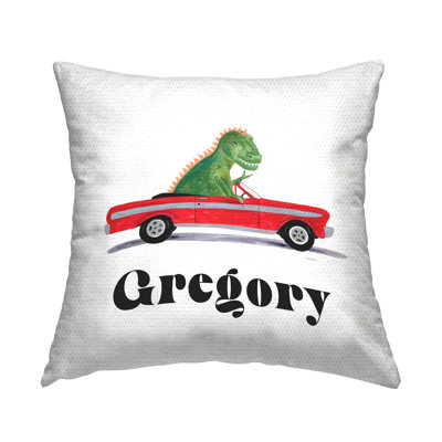 Oreiller personnalisé d'extérieur garçon avec dinosaure dans la voiture par Rachel Nieman