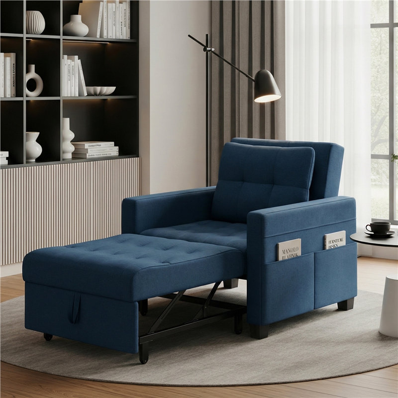 3-in-1 Convertible Sleeper Accent Chair Bed with Adjustable Backrest & Back Pillow, Blue