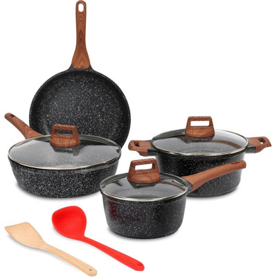9 Pcs Set Nonstick Cookware Set with Granite Coating, Compatible with All Stovetops, Black