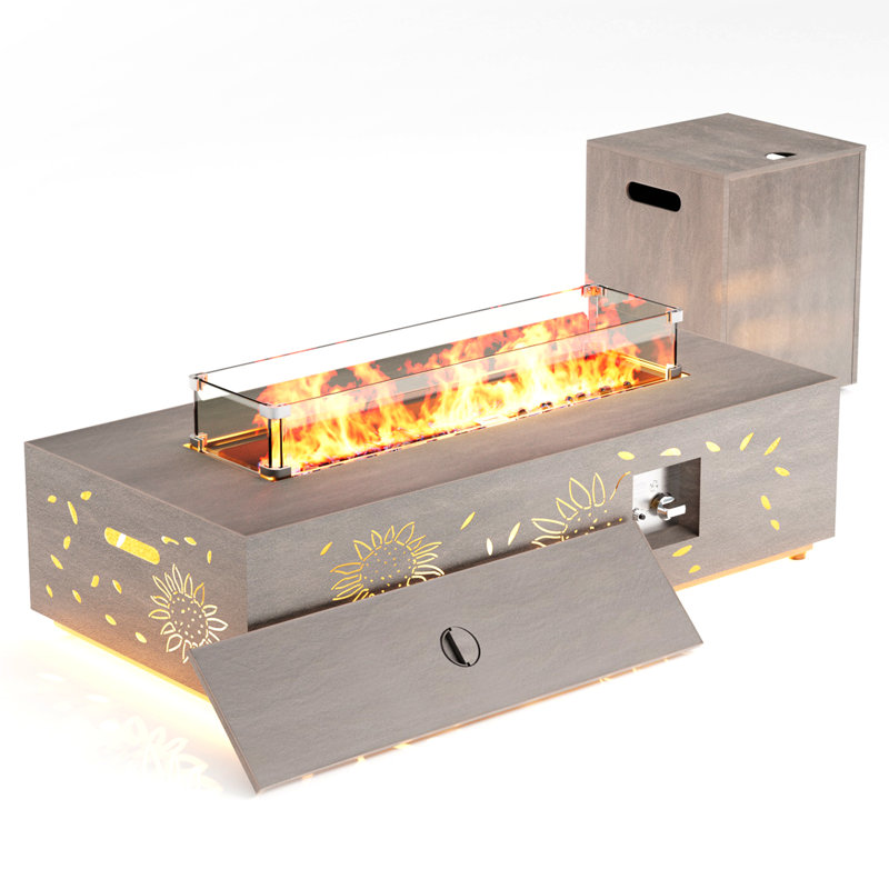 Foyer de table au gaz 42 "au propane de 42 000 BTU avec motifs de tournesol évidés et lumière dorée
