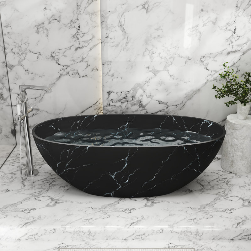 Baignoire de trempage autoportante à surface solide de 65 po avec motif Casainc, Noir mat