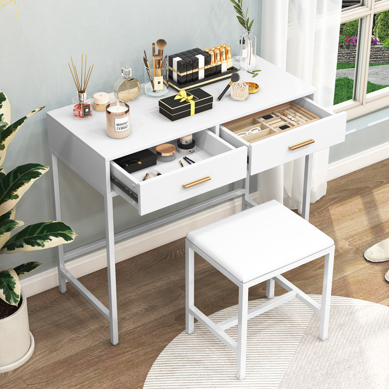 White Desk Set With 2 Drawers Modern Dressing Table With Stool , White