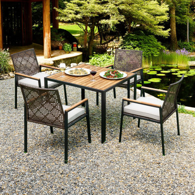 All-Weather 5-Piece Patio Dining Set with Acacia Wood Tabletop & Umbrella Hole, Rattan Outdoor Furniture for Backyard & Garden by Latitude Run