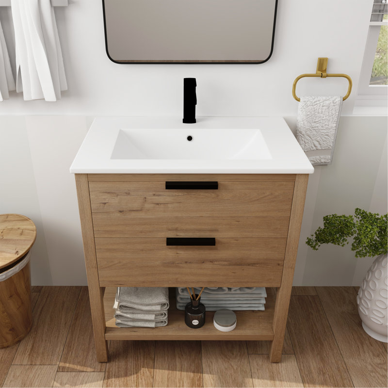 Meuble-lavabo élégant avec tiroirs et mécanisme de fermeture en douceur, idéal pour les salles de bain modernes.