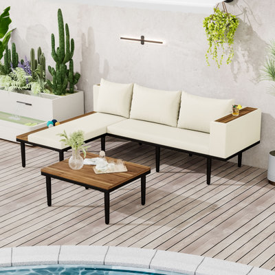 Acacia Wood Patio Furniture Set with L-Shaped Sectional Sofa, Outdoor Conversation Sets with Coffee Table