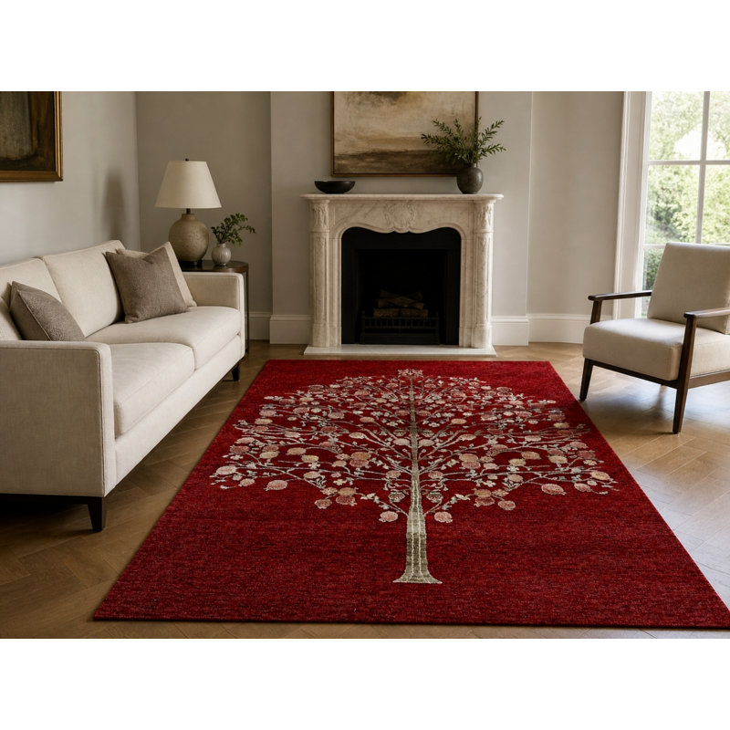Tapis rouge noué à la main 5 x 8 pi avec motif d'arbres botaniques pour le salon