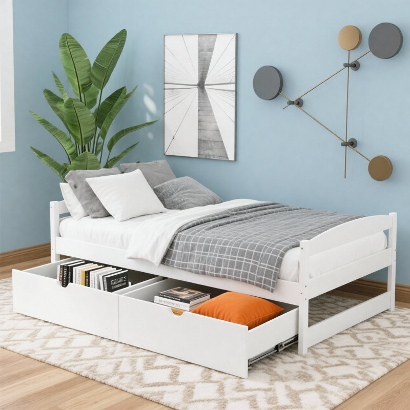 Lit plateforme simple avec deux tiroirs, blanc, Blanc