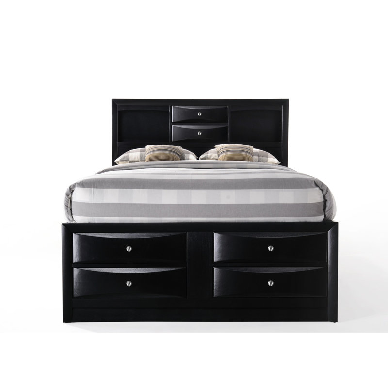 Lit double à finition noire avec capacité de rangement, modèle - 8 tiroirs, sans sommier, méthode de travail en bois