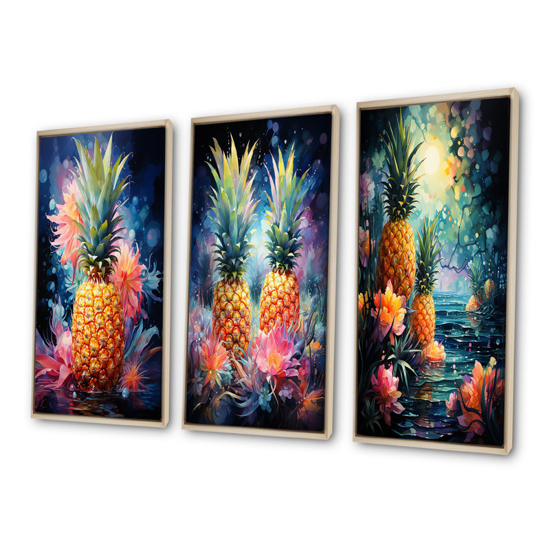 «Green and Yellow Cosmic Pineapple I», ensemble de 3 ananas sur toile, Cadre flottant brun, H 32 po x l 48 po