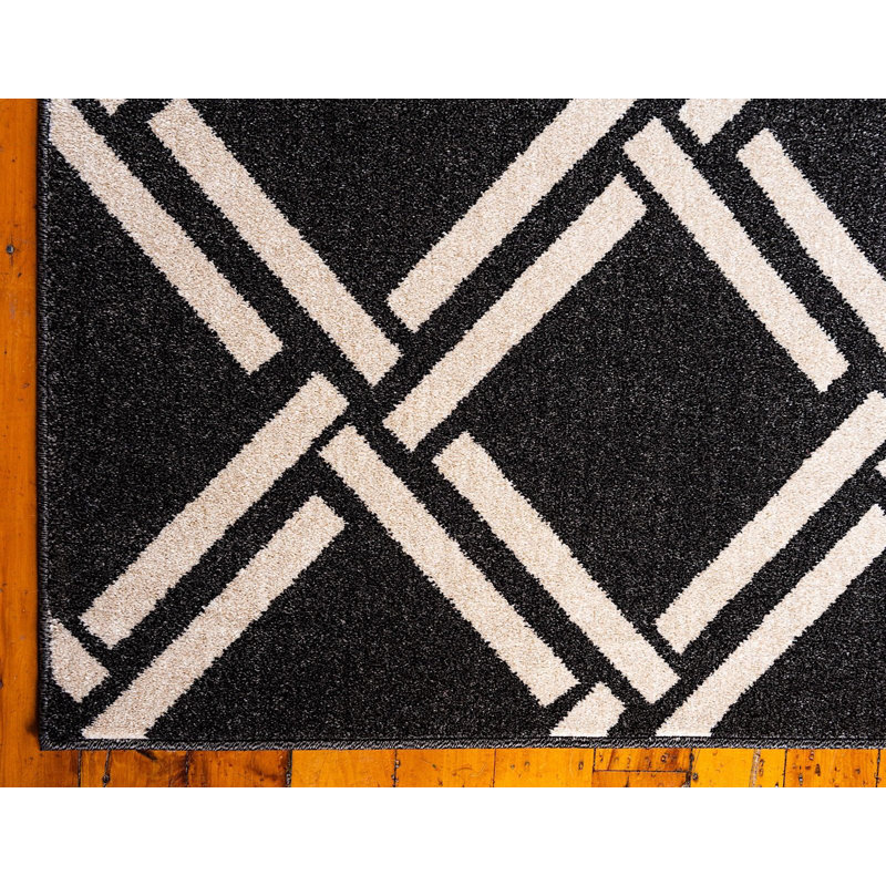 Tapis noir / beige à motif géométrique Soliana, Rond 3 pi 3 po