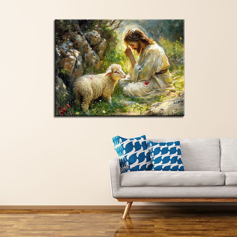 Jésus et l'agneau Jésus-Christ embrasse l'agneau perdu, H 24 po x l 24 po x P 1,8 po