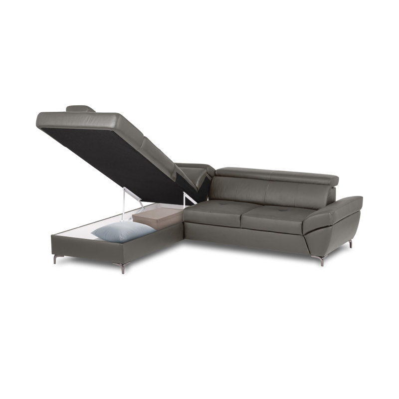 Italian Leather Sleeper Sectional with Pull Out Bed & Storage & Adjustable Headrests Roma, Left Hand Facing