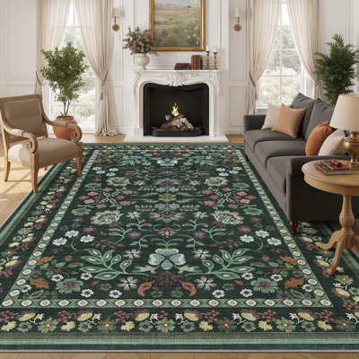 Washable Floral Boho Area Rug Modern with Non-Slip Backing for Living Room Bedroom-Green