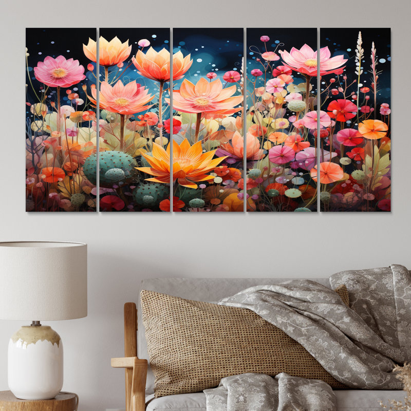 Peach Green Cactus Representation Multicolored Acrylic II - Floral Metal Art Print Set