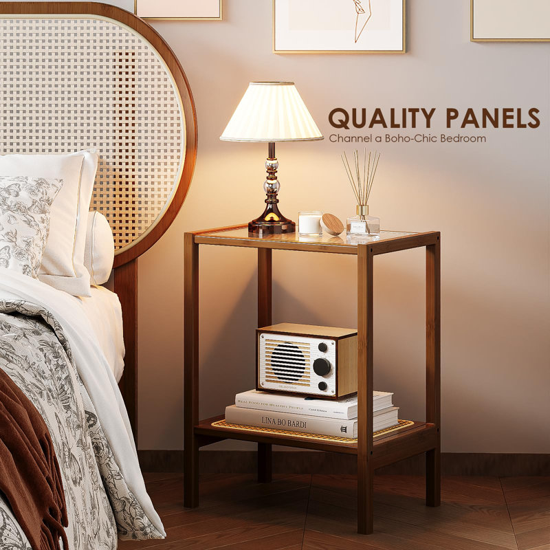 Bamworld Rattan Side Table Living Room Glasstop Night Stand Boho End Table 2-Tier With Storage Mid Century Modern Bedside Table For Small Spaces Narrow Coffee Table Bamboo
