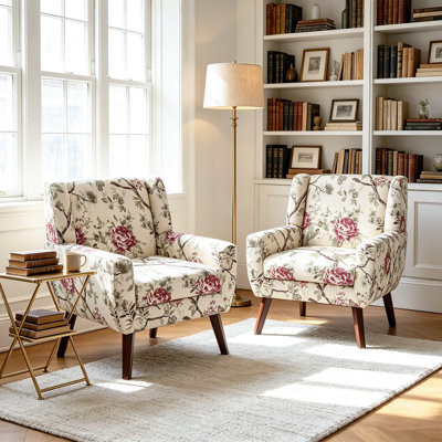 Fauteuil à dossier large capitonné en mélange de lin à motif floral Davey