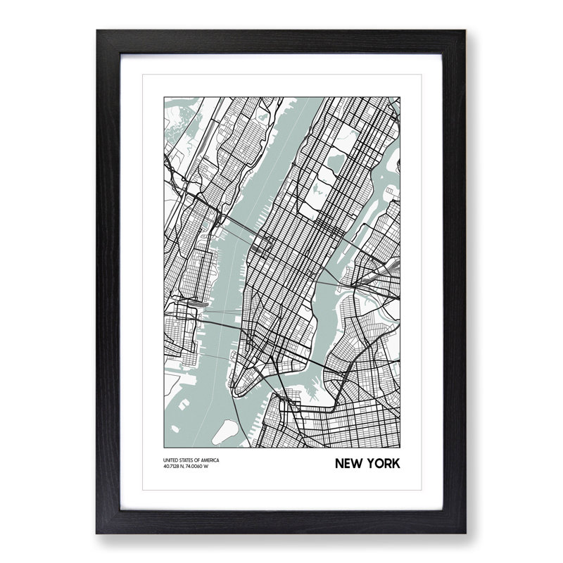 Map New York USA - Picture Frame Graphic Art, 65cm H x 48cm W x 2cm D, Black