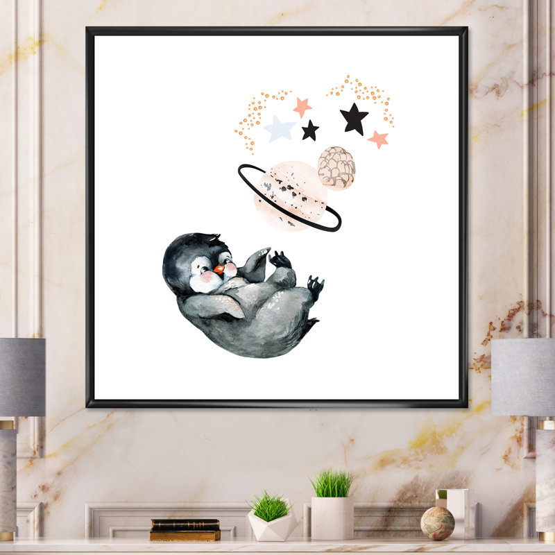 Mignon petit pingouin - peinture, H 16 po x l 16 po x P 1 po, Cadre flottant noir