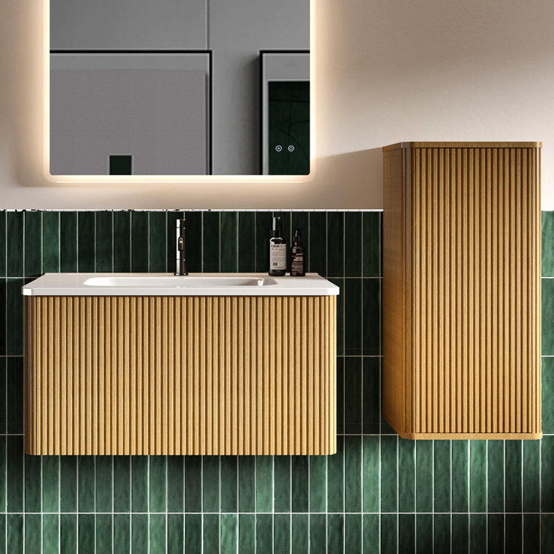 Natural Oak Bathroom Side Cabinet - For Small Spaces Pre-assembled & Plywood Material Safe Curvy Design Stylish Striped Pattern Push-open Door Space Storage Solution Water 2 Adjustable Interior