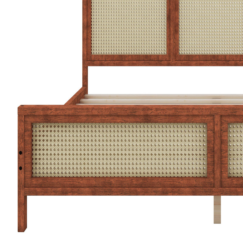 Structure de lit grand format en rotin, lit plateforme en bois avec support à lattes solides, tête et pied de lit en rotin