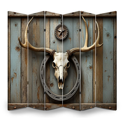 Cloison pliante 6 panneaux pour homme Caverne royale, crâne de cerf, chasse au bois, chalet, fer à cheval, toile, séparateur de pièce, cloison de protection autoportante, cloison d'intimité