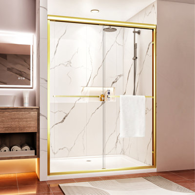 50"-54" W x 72" H Brushed Gold Aluminum Frame Double Sliding Shower Door, 1/4" (6mm) Clear Tempered Glass With Explosion-proof Film, Dual Stainless Steel Handles