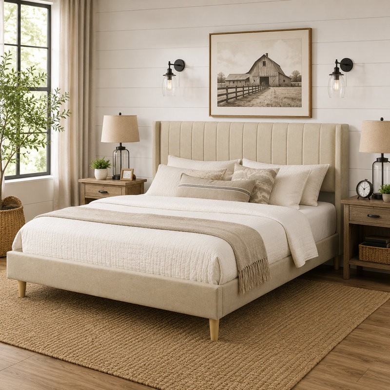 Lit plateforme tapissier avec tête de lit à oreilles Eriksay, Très grand, Lin beige