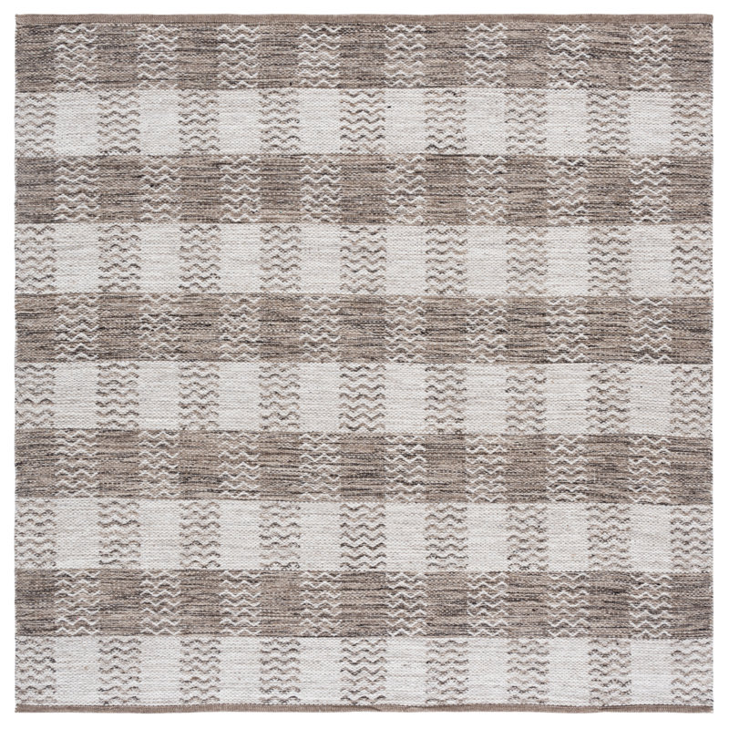 Vacaville Hand Woven Wool/Cotton Plaid Rug in Light Grey/Brown, Square 4'