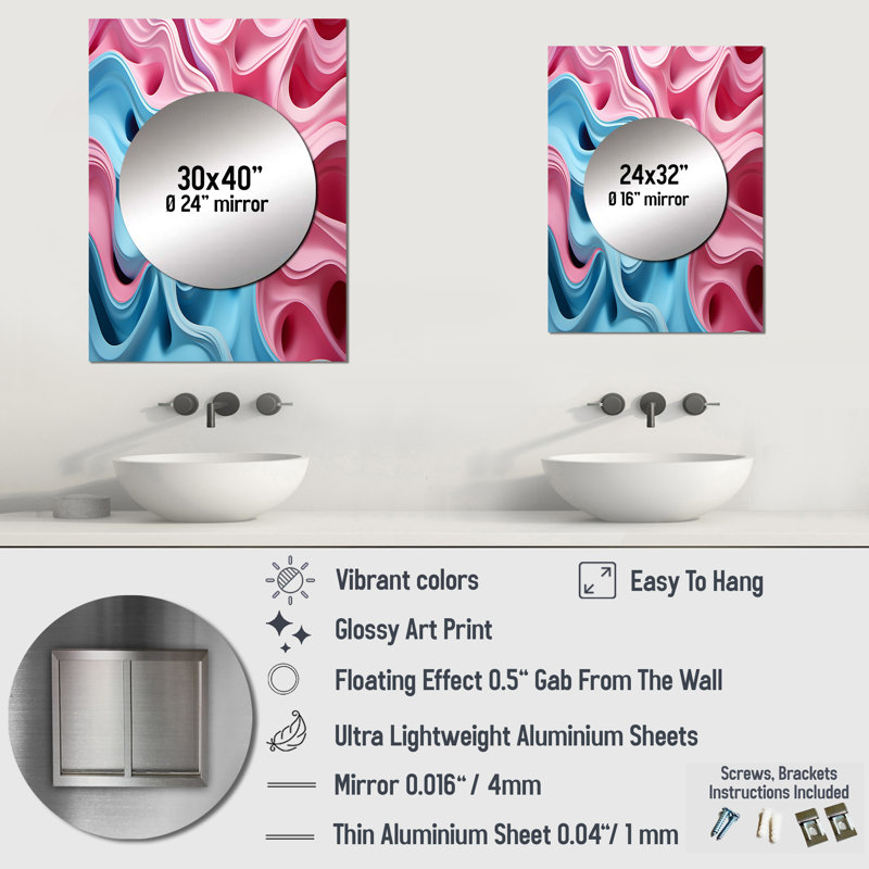 Scottfield Op Art, accent bleu et rose - grand miroir Op Art, miroir mural bleu unique, 40 po x 30 po