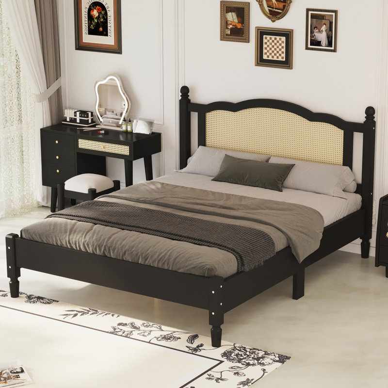 Wooden Platform Underbed Storage Bed with Natural Rattan Headboard, Minimalist Design, No Box Spring Needed, Queen, Black