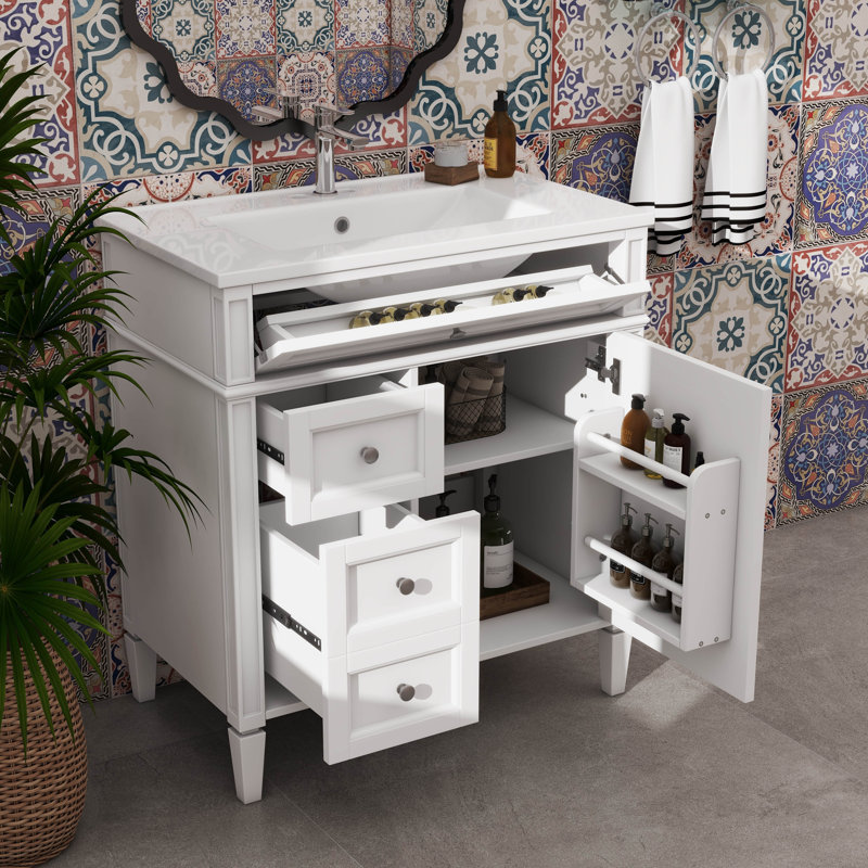 Meuble-lavabo innovant de 30 po avec lavabo, 2 tiroirs, une armoire et un tiroir basculant, Blanc / argenté