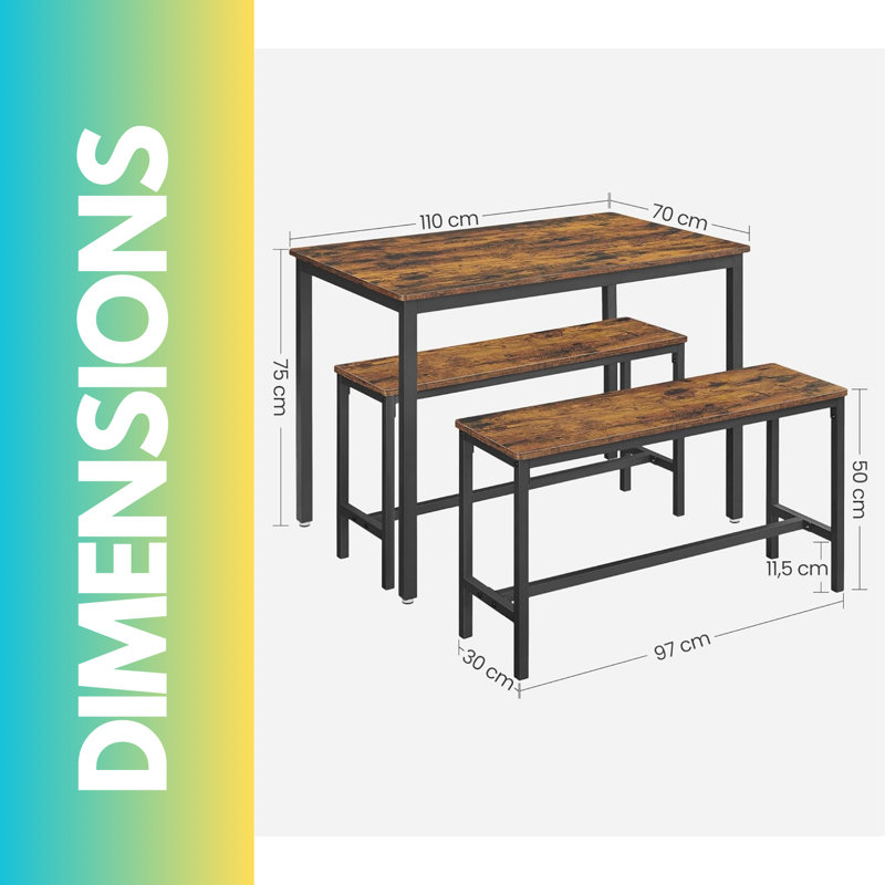 Nyellie Rustic Industrial 4 - Person Dining Set with Kitchen Table and Chairs, Metal Frame, 50cm H x 97cm L x 30cm D