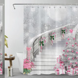 Winter Wonderland Pink Shower Curtain - Festive Xmas Tree & Snowflake Design, Includes Hooks