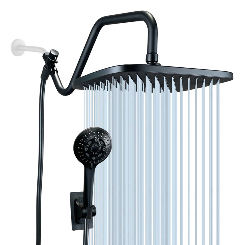 Shower Head, 12 inch Multifunction High Pressure Rain Shower Head with Handheld Spray Combo with 14'' Angle Adjustable Extension Arm/Flow Regulator/Shower System Matte Black