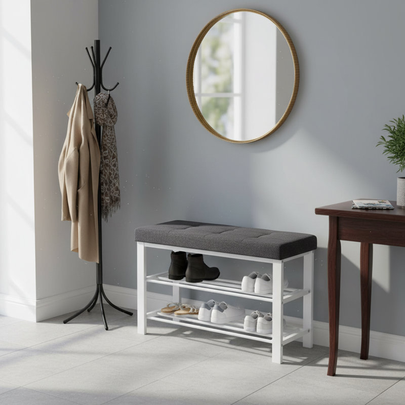 Banc de rangement pour chaussures moderne avec coussin pour le hall d'entrée, Gris foncé et blanc