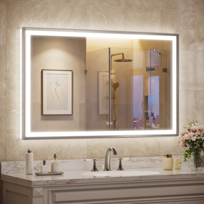LED Bathroom Vanity Mirror, Anti-Fog Aluminum Frame Beveled Wall Mirror for Over Sink, Tempered Glass Backlit Mirror for Bathroom