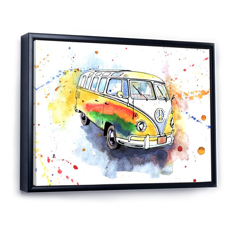 «Retro Grungy Hippy Bus», peinture sur toile, H 16 po x l 32 po x P 1 po, Cadre flottant noir