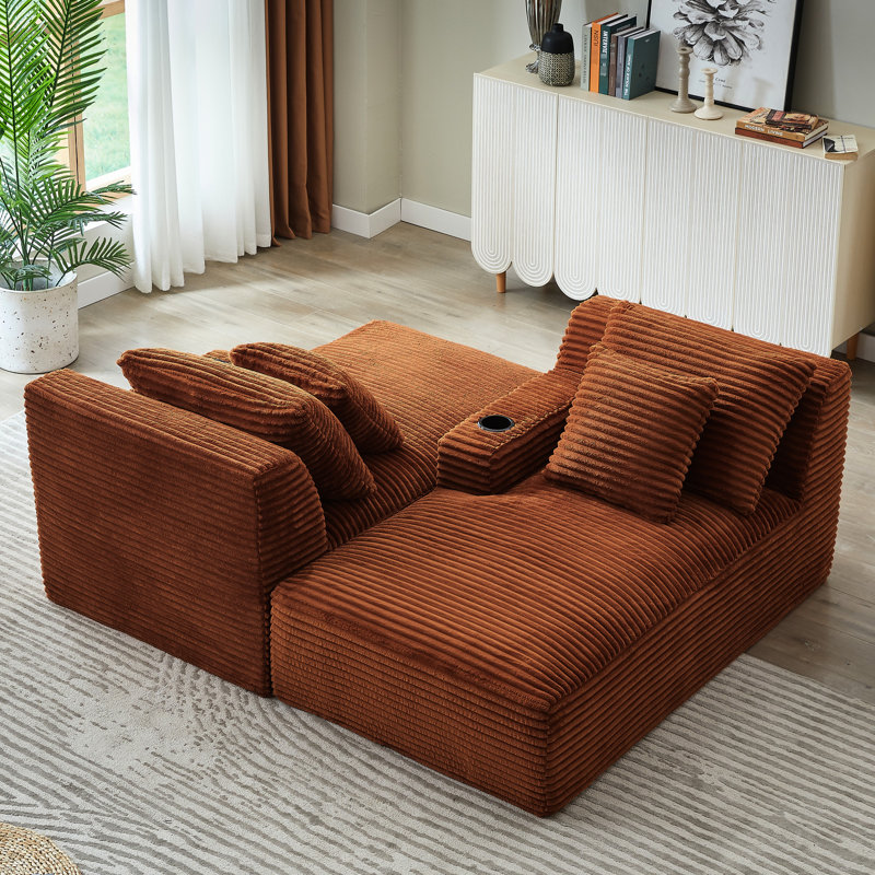 Velours côtelé orange compressible avec méridienne double et porte-gobelets, rembourrage à ressorts pour le soutien dans le salon, aucun assemblage de lit moelleux à haute densité, confort immédiat après